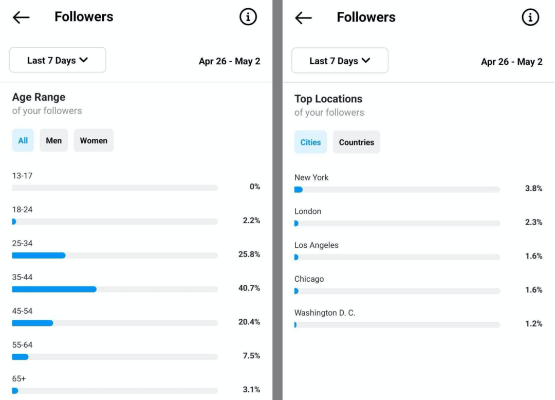 imagem dos dados demográficos dos seguidores no Instagram Insights