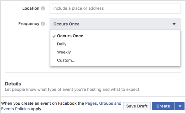 selecione o intervalo do menu de frequência para criar um evento recorrente com a página do Facebook