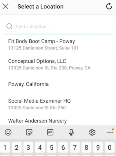 exemplo de menu da opção de selecionar um local para a etiqueta de localização do Instagram