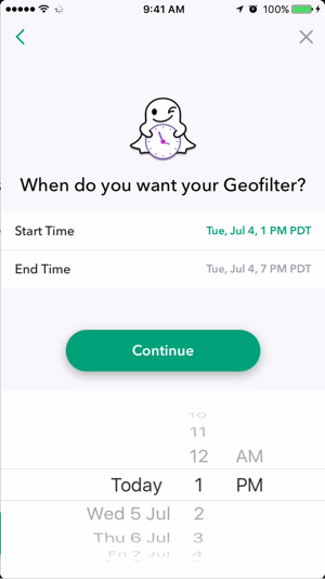 Selecione uma data e hora para o geofiltro Snapchat ficar ativo.