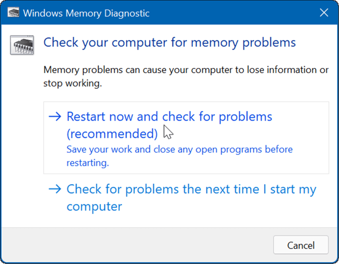 reinicie e verifique o diagnóstico de memória do windows