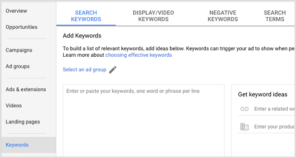 Google Adwords adiciona palavras-chave ao grupo de anúncios