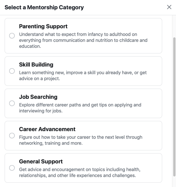 Como melhorar sua comunidade de grupo no Facebook, exemplo de opções de categoria de mentoria no Facebook