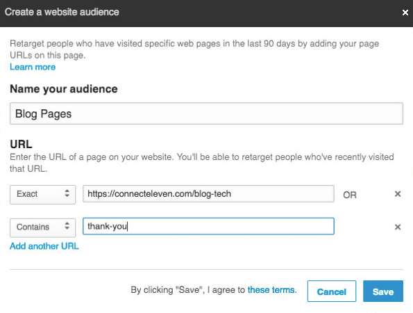 Você pode adicionar vários URLs para redirecionar com os públicos correspondentes do LinkedIn.