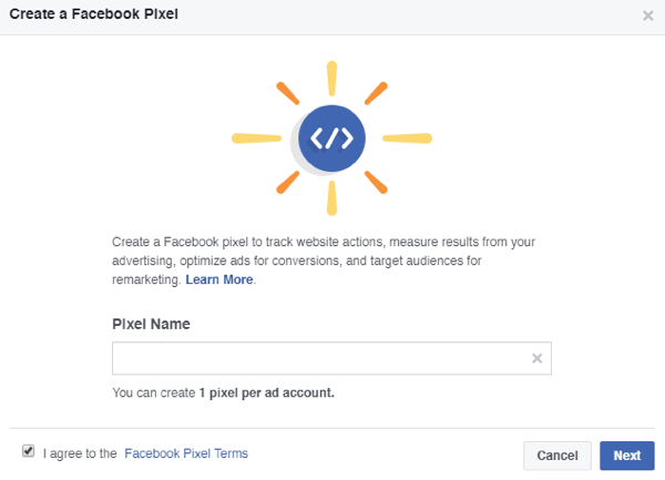 Adicione um nome para o seu pixel do Facebook.