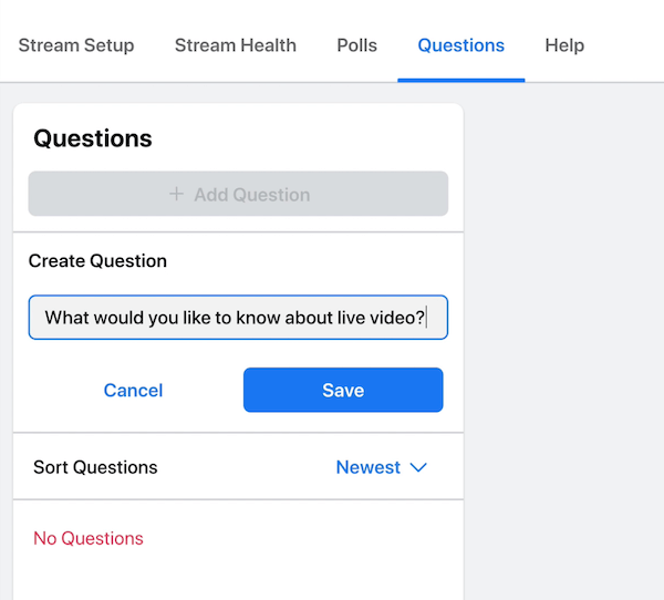 opção de transmissão ao vivo do Facebook para postar uma pergunta para seus espectadores e público responderem durante sua transmissão