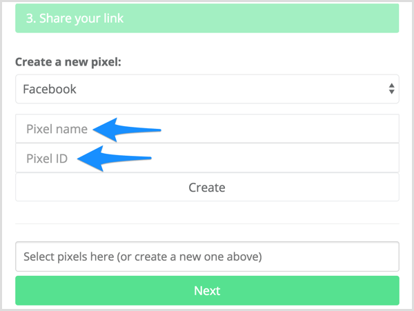 Insira o nome do pixel e o ID do pixel em Meteor.link.