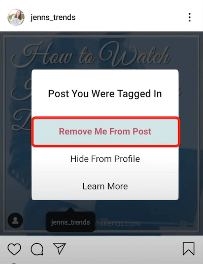 opção remover-me da postagem mostrada no menu de três pontos de uma postagem do instagram