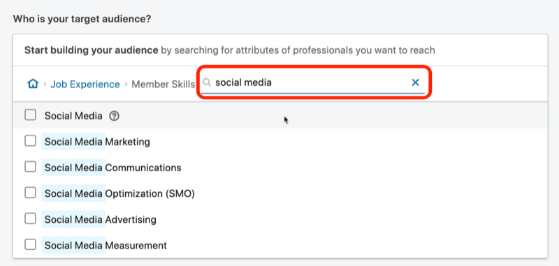 captura de tela dos resultados da pesquisa para as habilidades dos membros de 'mídia social' no LinkedIn