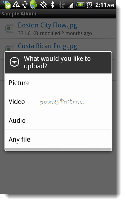 Menu de Upload do Dropbox para Android
