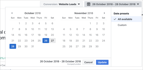 Escolha o intervalo de datas que deseja visualizar com a ferramenta de atribuição do Facebook.
