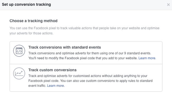 Você pode escolher entre dois métodos de rastreamento de conversão para anúncios do Facebook.