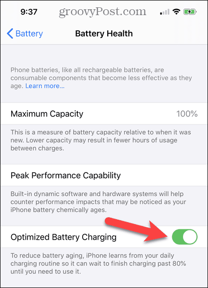 Ativar ou desativar o carregamento otimizado da bateria na tela de duração da bateria do iPhone