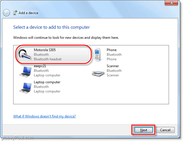 clique no seu dispositivo Bluetooth no Windows 7, adicione um assistente de dispositivo e clique em Avançar
