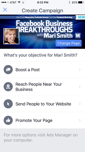 painel de anúncios do Facebook no aplicativo gerenciador de páginas do Facebook