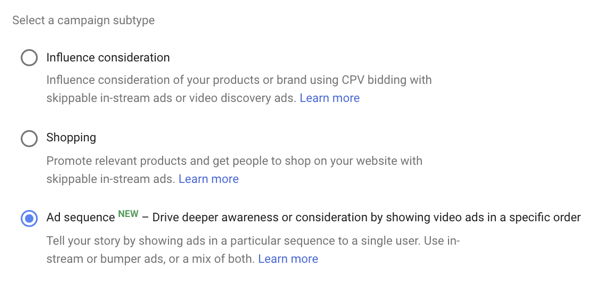 Como configurar uma campanha de anúncios do YouTube, etapa 39, opção para definir sequenciamento de anúncios