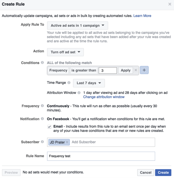 Configure uma regra automatizada do Facebook no Power Editor.