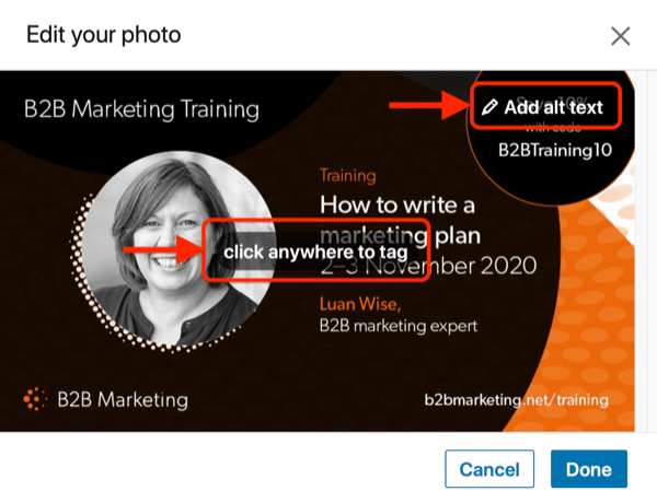 exemplo LinkedIn edite sua postagem de foto destacando as opções para clicar em qualquer lugar para marcar e adicionar texto alternativo