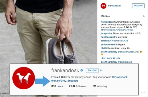 Exemplo de Frank e Oak ao adicionar links à sua biografia do Instagram