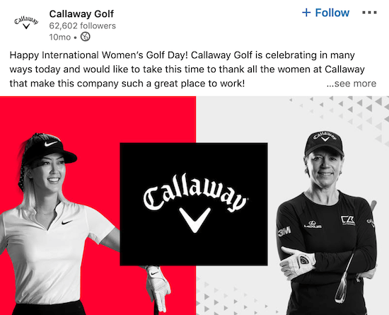 Postagem da página do LinkedIn da Callaway Golf para o Dia Internacional da Mulher