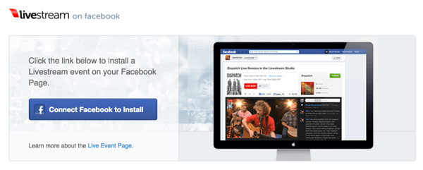 Clique no botão Conectar Facebook para instalar para instalar o Livestream em sua página do Facebook.
