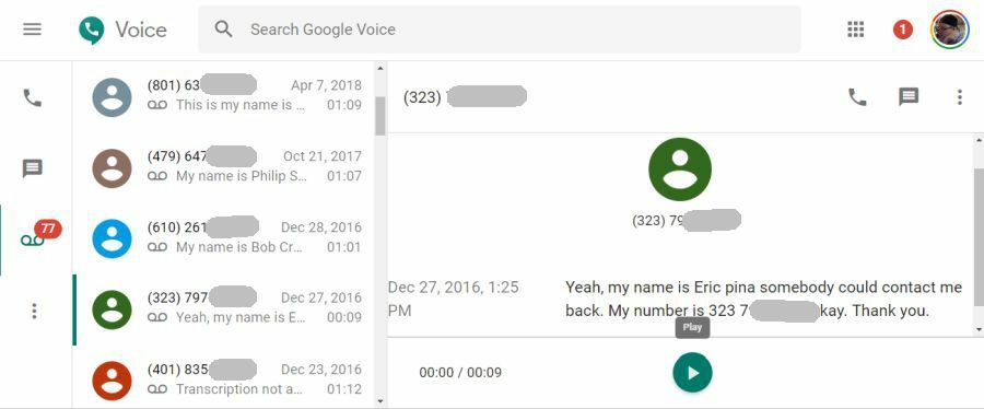 mensagens de voz do google