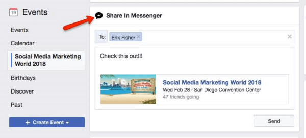O Facebook solicita aos usuários que compartilhem um evento descoberto no Facebook com outros usuários do Messenger.