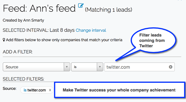 Crie filtros Leadfeeder para rastrear leads provenientes de seus canais de mídia social.