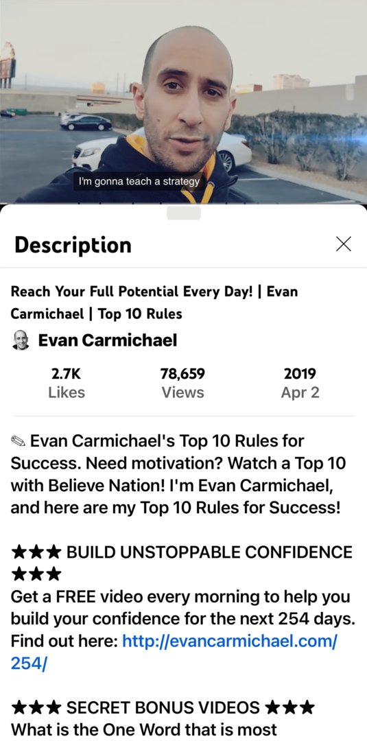 imagem do vídeo de Evan Carmichael no YouTube e descrição no aplicativo móvel