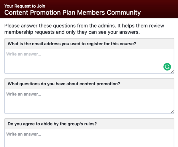 Peça aos possíveis membros do grupo do Facebook para responder a perguntas de qualificação.