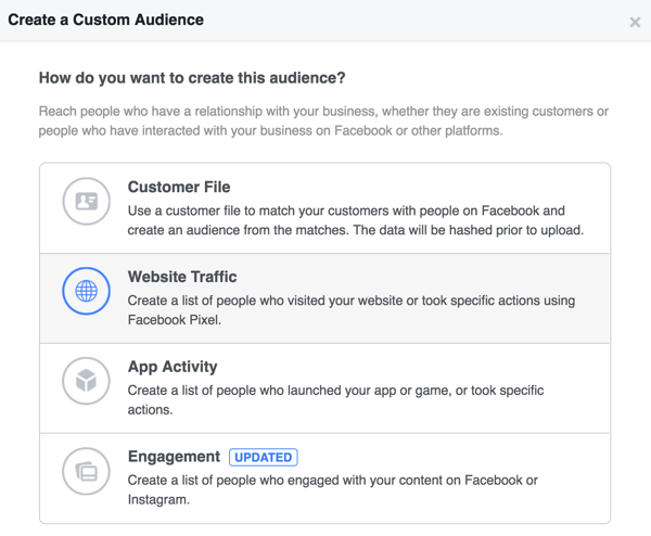 Selecione Tráfego do site para criar um público personalizado com base nas pessoas que visitaram o seu site.