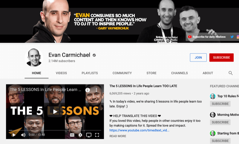 Página do canal do YouTube para Evan Carmichael