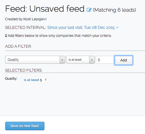 Depois de criar um filtro no Leadfeeder, você pode salvar o filtro em seu feed customizado.