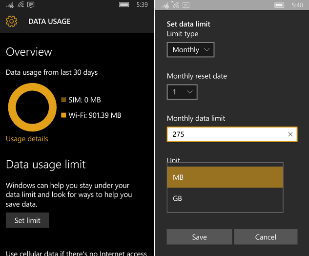 Uso de dados Windows 10 Mobile