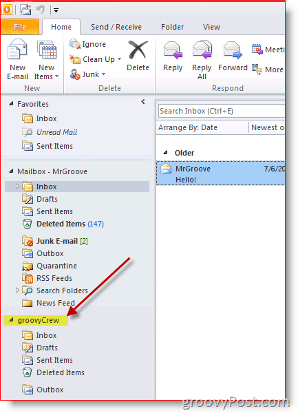 Captura de tela do Outlook 2010 como adicionar caixa de correio adicional
