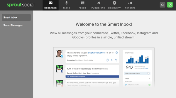 Sprout Social oferece uma caixa de entrada inteligente que permite visualizar mensagens de vários perfis sociais em um só lugar.