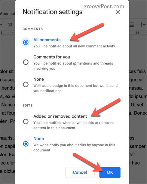 Definir configurações de notificação no Google Docs