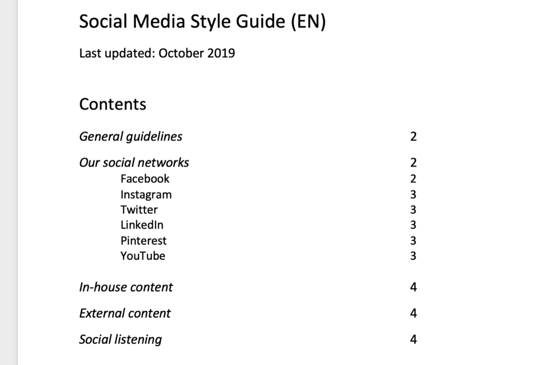 captura de tela do índice do guia de estilo de mídia social