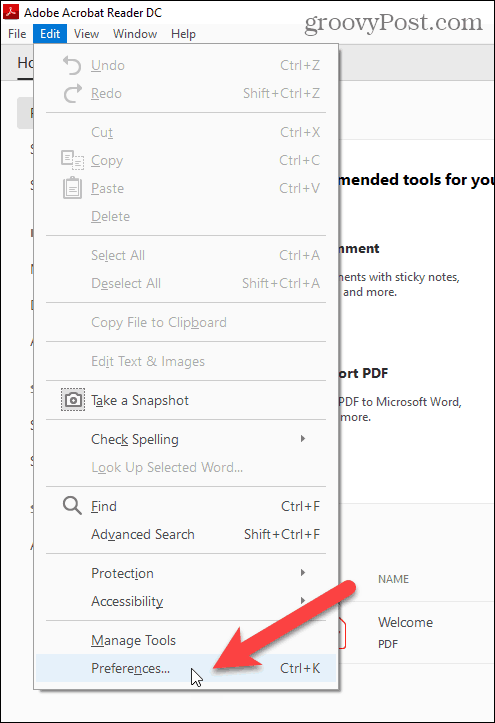 Selecione Preferências no menu Editar no Adobe Acrobat Reader