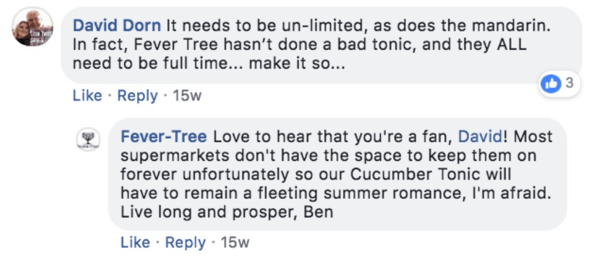 Exemplo de uma Fever-Tree respondendo a um comentário em uma postagem do Facebook.