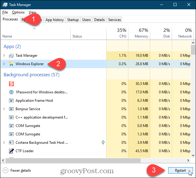 Selecione o processo do Windows Explorer e clique em Reiniciar no Windows 10