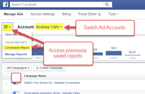 relatórios salvos do gerenciador de anúncios do Facebook