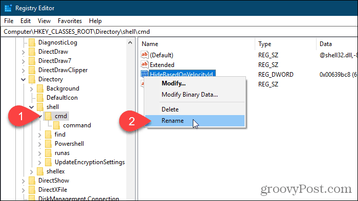 Selecione Renomear para o valor HideBasedOnVelocityId no Editor do Registro do Windows