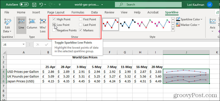 Mostrar opções para Minigráficos no Excel