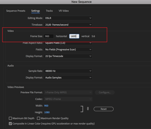 Opção para definir a taxa de quadros para sua sequência no Adobe Premier Pro.