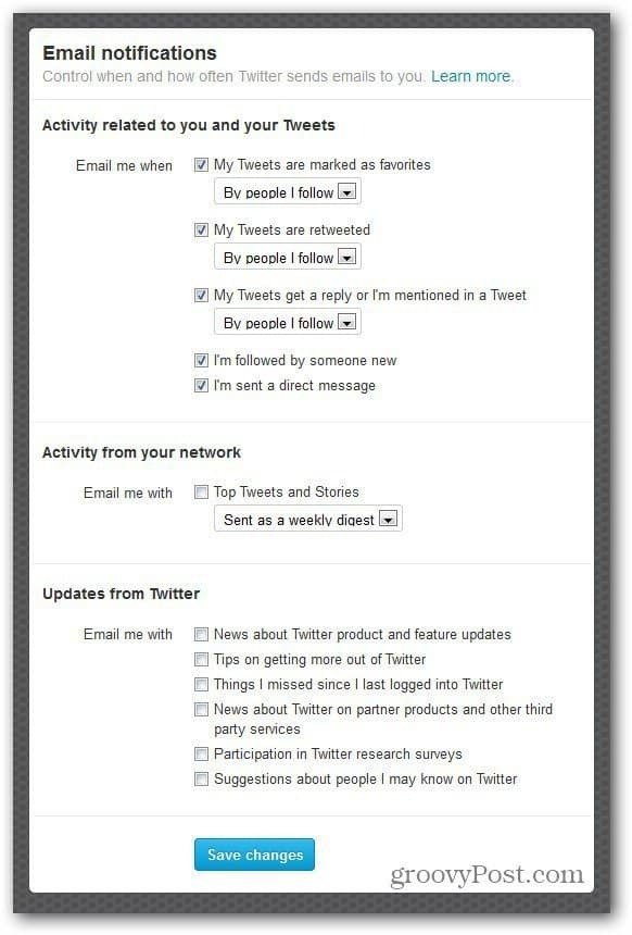 configurações do twitter notificações por e-mail personalizar