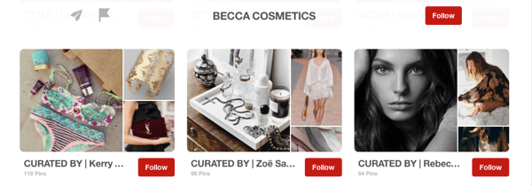 Exemplo de painéis de convidados no Pinterest com curadoria de influenciadores da Becca Cosmetics.