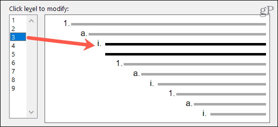 Escolha um nível para modificar para listas de vários níveis no Word