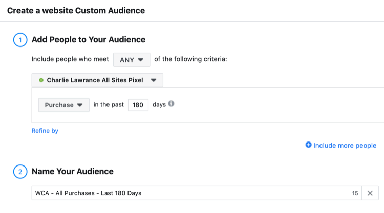 configurar o público-alvo personalizado do site do Facebook de visitantes que compraram nos últimos 180 dias