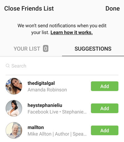 Opção de clicar em Adicionar para adicionar um amigo à sua lista de Amigos próximos no Instagram.